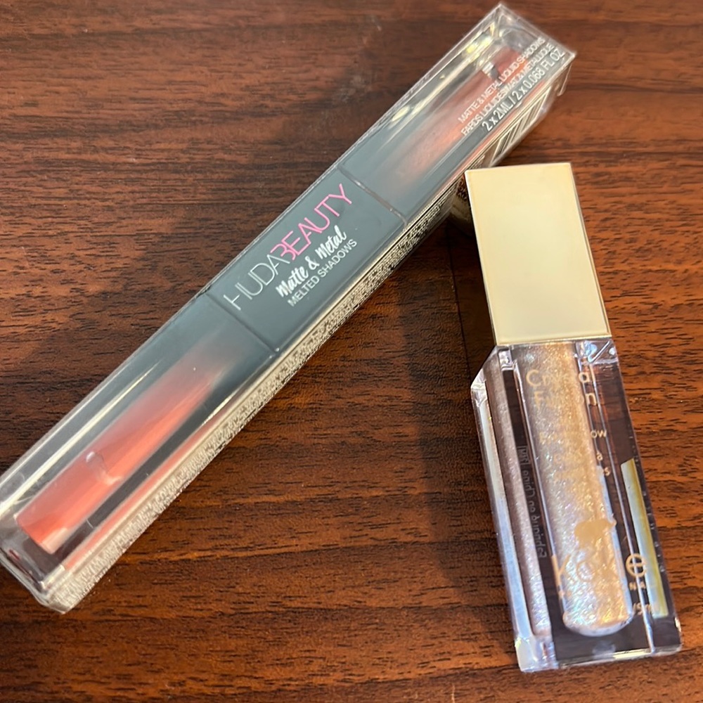 BNIB 2pcs Liquid shadow HUDA BEAUTY & KOKIE matte & metal gold burgundy 3 shades